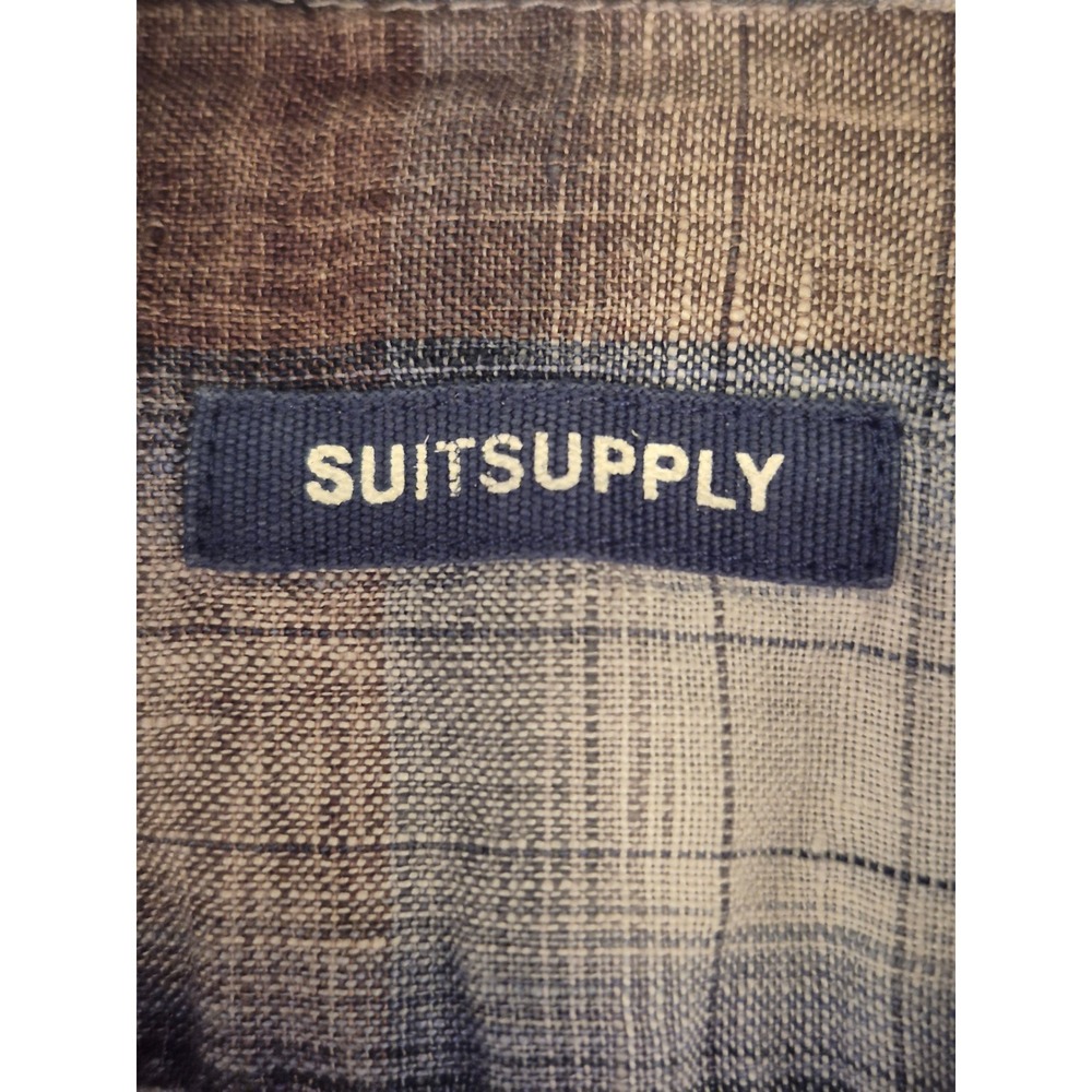 Suitsupply Brown Blue Plaid Dress Shirt Cotonificio Albini Linen Mens 15.5 - Picture 4 of 10